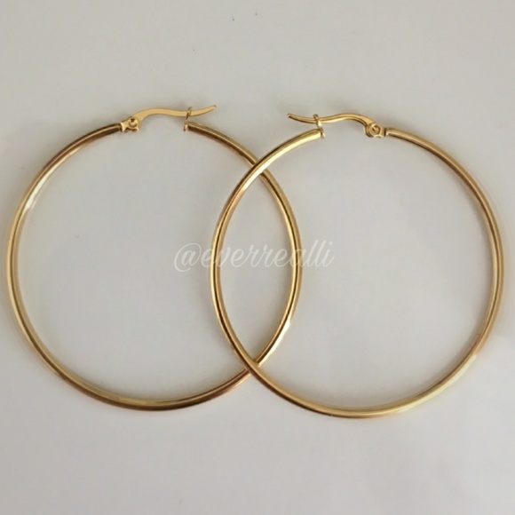 NEW Yellow Gold Tone 2" Round Circle Hoop Earrings - Picture 4 of 7